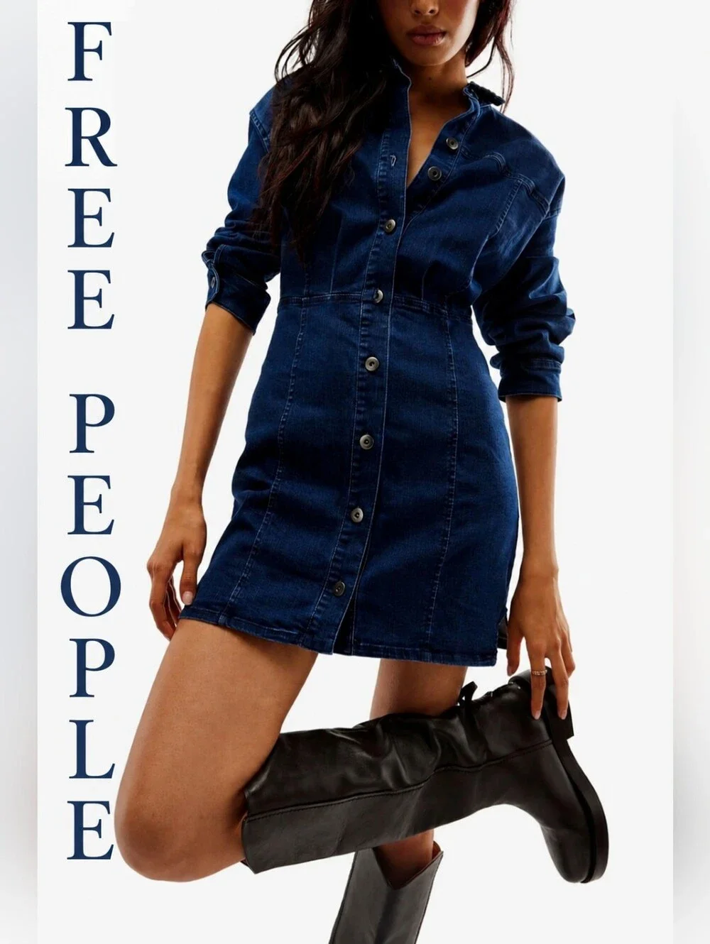 Free People Amber Denim Shirt Dress Size 2 NWT Button Front Long Sleeve Mini FP - Picture 1 of 14